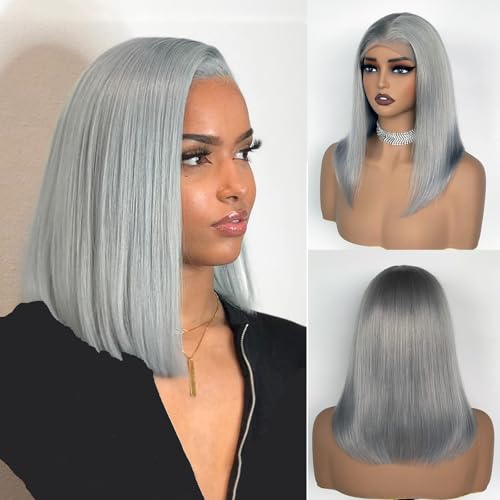 Silver Grey 13x4 Lace Front Bob Wig Brazilian Virgin Human Hair Wig Pre Plucked Hairline with Baby Hair UHD Transparent Lace Natural Looking Bleach Knots Glueless Wigs for Women 180% Density 14 Inch