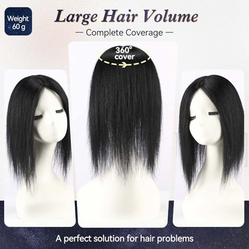 starluck 5x5 inch Lage Silk Base 14 Inch Real Human Hair Toppers for Women,60 Gram High volume, 100% Real Human Hair Toppers for Women with thinning hair hair loss£¨Black, no Bangs