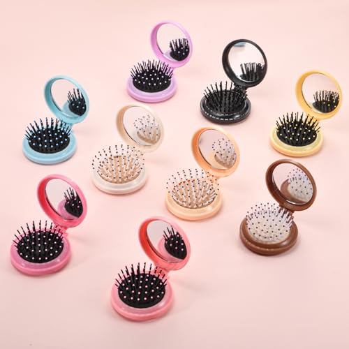 9 Pack Mini Hair Brush Foldable Travel Hair Brushes with Mirror Round Portable Folding Pocket Hair Brush Mini Comb Compact Travel Size Massage Comb for Men Women