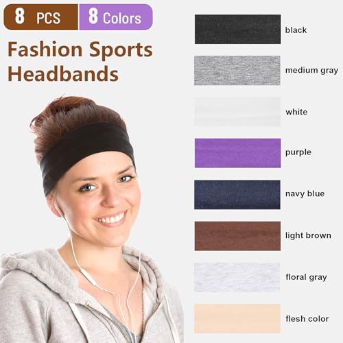 Headbands for Women, 8 PCS Elastic Head Bands for Women's Hair, Premium Workout Headbands for Women Non Slip, Fashion Stretchy Soft Cotton Cloth Fabric Sports Sweat Band for Yoga Running