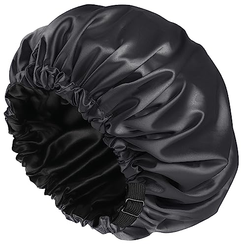 Shower Caps, Silk Lined Shower Cap for Women,Reusable,Adjustable Size, Washable & Waterproof,Large Satin Shower Cap-Black