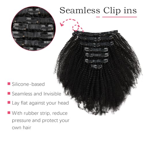 Sassina Remy Human Hair Clip in Extensions Afro Seamless Invisible Double Weft Human Hair Extensions Full Head Natural Black Curly 22 Inch 120g PU Clip in Brazilian Virgin Human Hair 7PCS