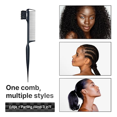 RED by Kiss Carbon Fiber Edge Brush + Parting Comb, 3 in 1 Styling Tool, High Heat Resistance, 100% Boar Bristles Hairbrush & Sectioning Tail, Comfort Grip for All Hair Types (Rat Tail)
