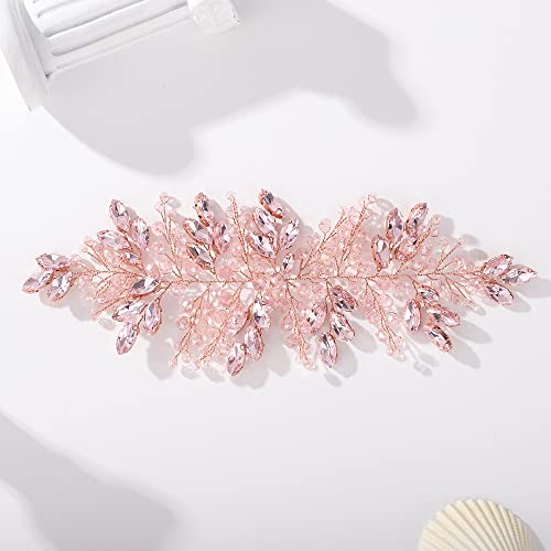 Teyglen Women's Handmade Bridal Hair Vine with Pink Rhinestones and Crystals, Large Headpiece for Brides and Girls