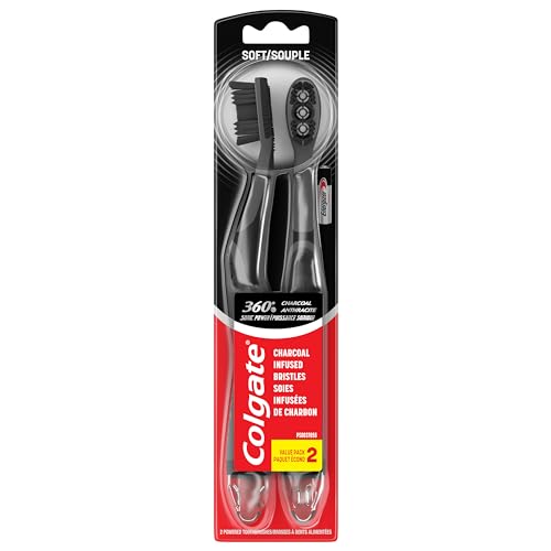 Colgate 360 Vibrate Charcoal Battery Operated Toothbrush Pack, Soft with 1 AAA Battery Included, Black, 2 Count