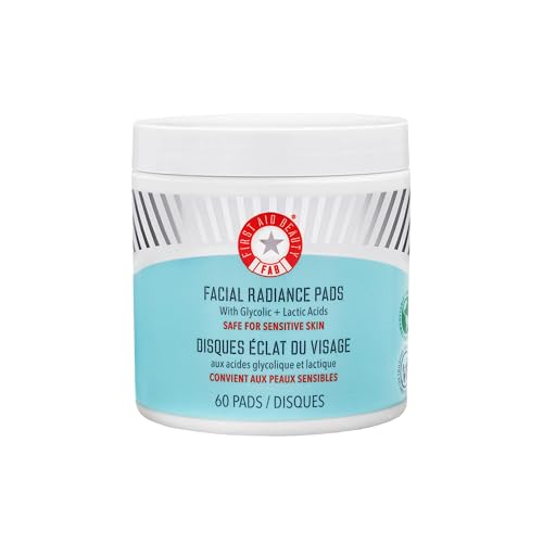 First Aid Beauty - Facial Radiance Pads with Glycolic & Lactic Acids, Daily Exfoliating Pads with AHA, Visibly Smaller Pores, Help Tone & Brighten Skin, One-Step Makeup Prep, Compostable, 60