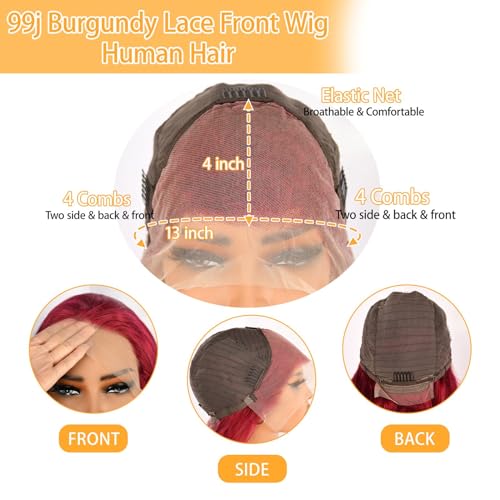 Burgundy Lace Front Wigs Human Hair 99j 13X4 Body Wave Lace Front Wigs 180% Density 100% Brazilian Human Virgin Hair Glueless HD Red Wigs Pre Plucked with Bleached Knots Natural Hairline (26inch)