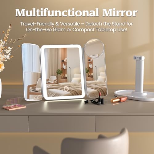 Lupow Makeup Mirror Vanity Mirror with 3 Lighting and Adjustable Brightness,Detachable Height-Adjustable Dresser Mount,2X,3X,10X Magnification,Suitable for Bathrooms,Vanity,Ideal Gifts for Women