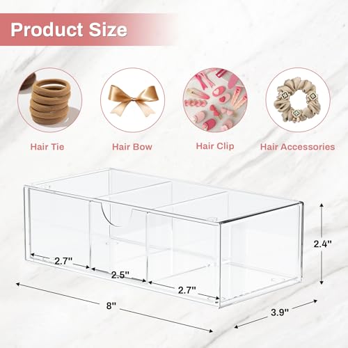 Hair Accessories Organizer for Girls, Clear Acrylic Hair Bow Tie Clip Scrunchie Holder with Removable Divider, Cute Small Stackable Storage Drawer Container Caddy Box for Bathroom Vanity Countertop