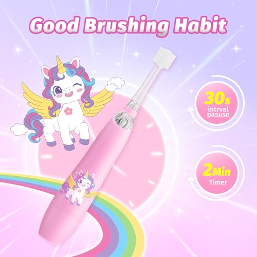 Kids Electric Toothbrush, Sonic Toothbrush for Toddler Children & Baby Ages 1-3 2-4 5+, with 2-Minute Smart Timer & Fun LED Light, 4 Brush Heads Soft Bristles, Battery Powered (Pink Unicorn)