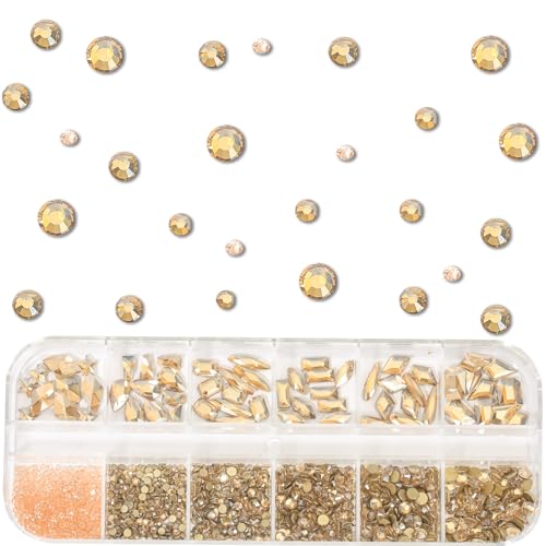 HNUIX Champagne Gold Nail Rhinestones Kit Flatback Nail Charms Glass Gems Stones 1450Pcs Nail Art Gems Diamonds Jewels Multi Shapes Sizes Nail Charms Tweezer & Wax Pen for Nails DIY Faces Eyes Makeup