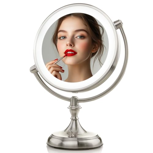 OVENTE 9" Lighted Tabletop Makeup Mirror with 1X/5X Magnification, Double-Sided Magnifying Vanity Mirror with Dimmable LED Lights, 360¡Æ Swivel Design and Dual Power Supply, Nickel Brushed MGT95BR1X5X