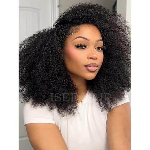 ISEE Half Wig Afro Curly 3 In 1 Glueless Wigs Human Hair Seamless Kinky Curly Flip Over Beginner Friendly Wear & Go Drawstring Band Clip in Wig Human Hair Black Color 14 Inch