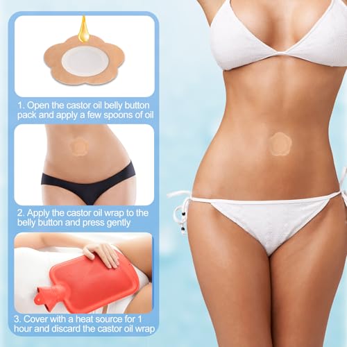60 Pcs Plum Blossom Castor Oil Pack Wrap for Belly Button, Self-Adhesive Disposable Spunlace Cloth Castor Oil Belly Button Patch with Cotton, Oils Not Included (Skin Color)