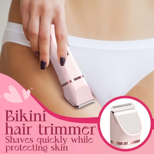 Bikini Trimmer for Women - Painless Electric Razors for Silk Skin,Cordless Body Shaver for Trip,Replaceable Lady Facial Razor, IPX7 Waterproof&Easy Cleaning, Ceramic Blade, USB Charge Dock Pink