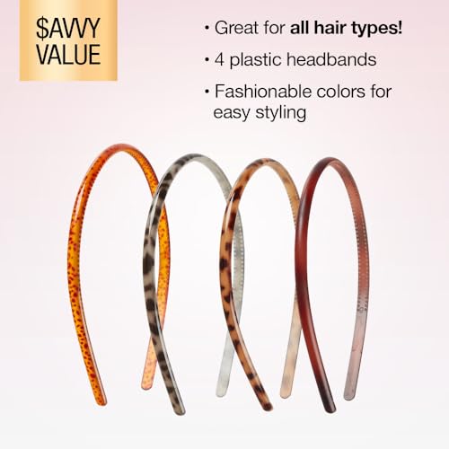 CONAIR Scunci Effortless Beauty Skinny headband -plastic Headbands for Women and Men - hair accessories for women - Assorted Tortoise - 4 Count