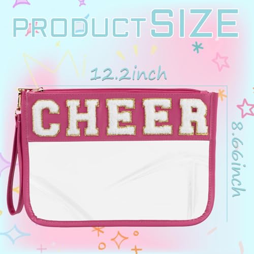 Cheer Chenille Letter Bags Clear Makeup Bag, Cheerleader Gifts Cosmetic Bag, Varsity Preppy Patch Flat Pouch Cheer Accessories, Waterproof PVC Organizer Toiletry Bag for Women Girls