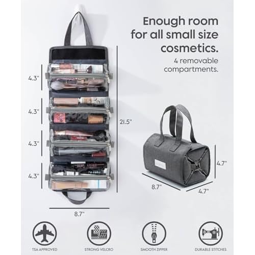 Small Roll Up Toiletry Bag for Traveling Women - Travel Makeup Bag with 4 Removable Compartments - Hanging Toiletry Bag - Cosmetic Travel Bag - Medicine Bag - TSA Approved Toiletry Bag