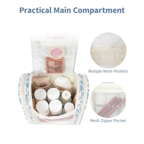 Narwey Hanging Toiletry Bag Women Travel Makeup Bag Organizer Toiletries Bag for Travel Size Essentials Accessories Cosmetics (Medium,Little Blue Flower)