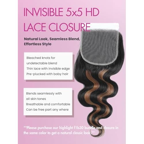 12A F1B/30 Highlight Bundles With 5x5 Closure Body Wave Human Hair 16 18 20+16 IN, Thick Ombre Balayage Honey Blonde Colored Bundles With HD Transparent Lace Closure 100% Remy Hair
