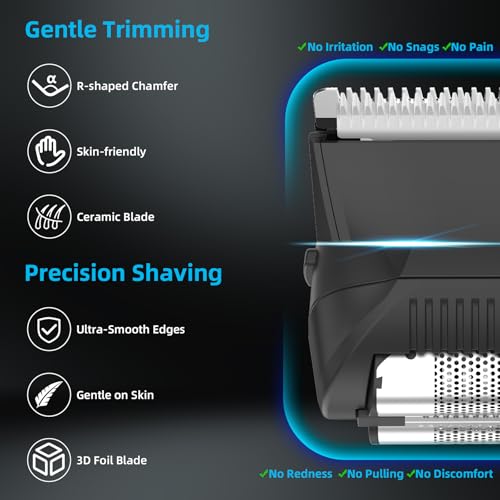 INVJOY Manscape Body Trimmer for Men, Waterproof Electric Razor/Shavers with Dual-Head for Facial, Pubic & Groin Hair Grooming, Ceramic & Foil Blades Hair Trimmer with LED - Birthday Gift for Him Dad