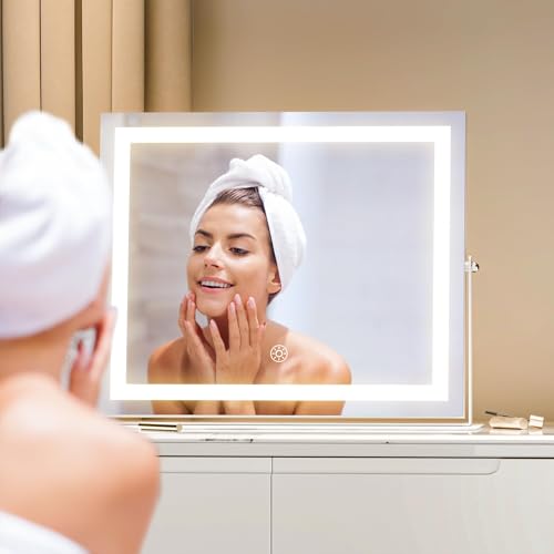 Hasipu Vanity Mirror with Lights, 19.6" x 15.7" LED Makeup Mirror, 3 Color Modes Touch Control and Brightness Adjustment Lighting Mirror, 10X Magnifying Glass, 360¡Æ Rotation