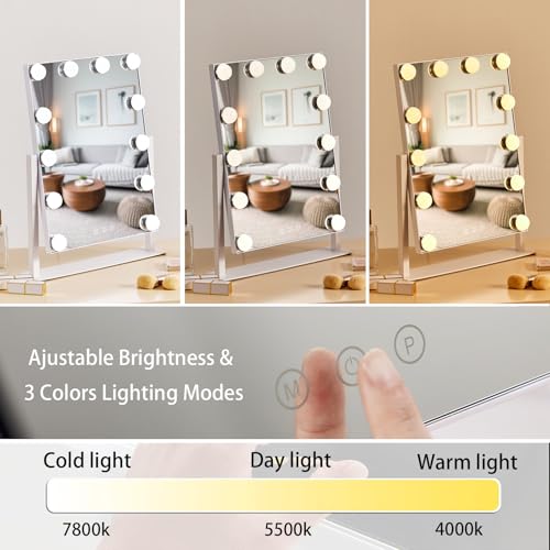 HIEEY Hollywood Makeup Mirror with 12 Dimmable Bulbs Lights, Three Color Lighting Modes, with 4in 20X Magnification Mirror, Smart Touch Control, 360¡ÆRotation (White,Gift Box)