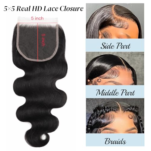 5x5 SKINLIKE 100% Real HD Lace Closure Body Wave Human Hair Closure 0.095mm Ultra-thin Invisible Swiss HD Lace Closure Pre Plucked Small Single Knots Brazilian Virgin Human Hair Closure 20inch