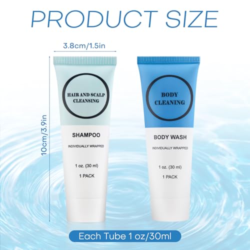 Travel Size Shampoo and Body Wash Bulk, Individually Wrapped Hotel Mini Shower Gel and Small Men Women Cleansing Toiletries Amenities for Hotel/Vacation/Homeless 1 oz (3.7inch, Count, 60)
