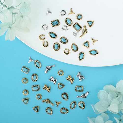 50 PCS Turquoise Nail Charms - 3D Western Nail Charms Vintage Turquoise Gems Stones Art, Retro Metal Gold Silver Cowboy Cowgirl Western Art Stickers Accessories Women DIY