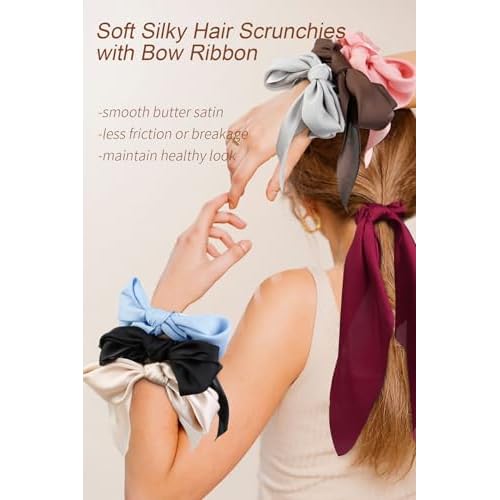 8 PCS Bow Hair Scrunchies Detachable Silky Satin Hair Ties for Women Girls Silk Hair Scrunchies with Long Ribbon Bows Ponytail Holder Elastic Hair Ties Knotted Bow Silk Hair Accessories