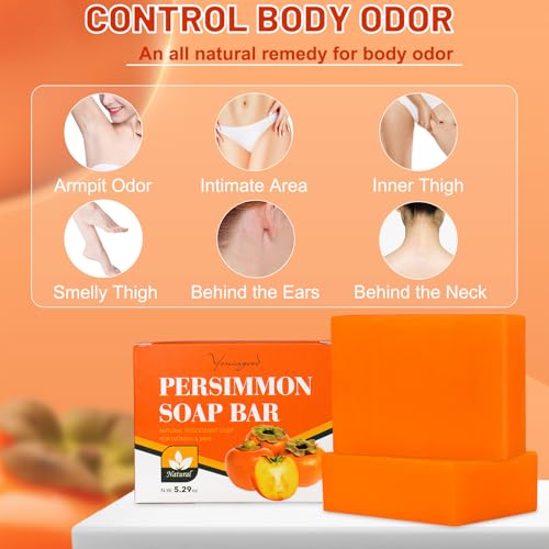 2 PCS Persimmon Soap Bar for Old People Smell, Natural Body Odor Control Bar Soap for Men & Women Deodorizing, Handmade Bath Bar Soap for Eliminating Strong Smell Odor Deeply Cleansing