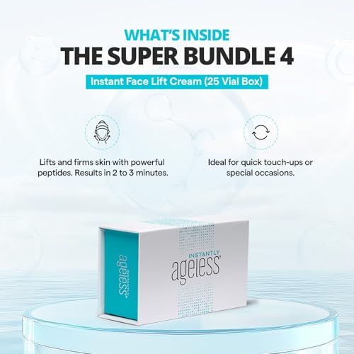 Instantly Ageless SUPER BUNDLE 4 - Instant Face Lift Cream In A Box 25 Vials, Moisture Lift Face Moisturizer, Sands Of Time Facial Scrub, Botanical Cleanser Skin Care Set for All Skin Type