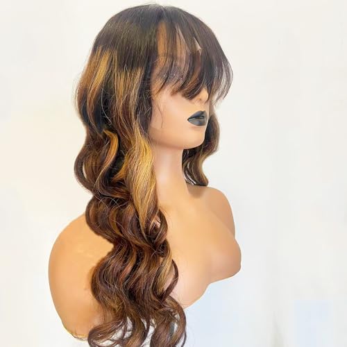 Mixed Colored 1B/30 Higjhlight 27 Ombre Brown and Honey Blonde Layered Cut Wavy Human Hair Wig with Bangs 13X6 HD Lace Front Bleached Knots Loose Wave Bangs Wig 150 Density 14 Inch