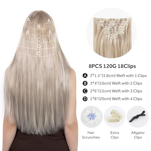 Clip in Hair Extensions Real Human Hair Seamless Clip Ins 100% Remy Hair Extensions PU Skin Weft Add Volume Ash Blonde Highlights Thick&Invisible #P18/613 16Inch 120G 8PCS
