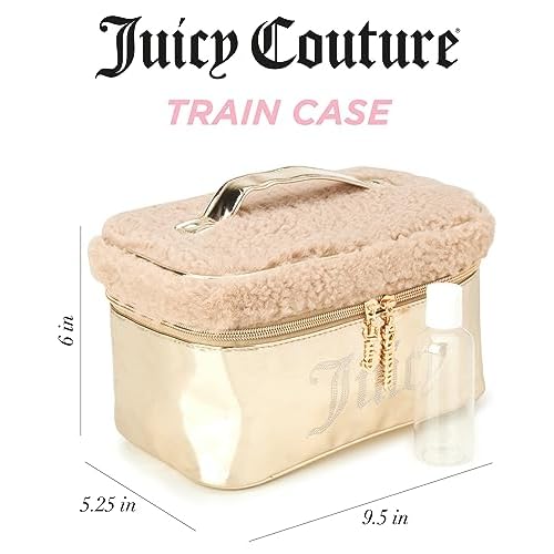 Juicy Couture Gold Makeup Bag Cosmetics Organizer Travel Essentials Train Case Shiny Rhinestones Faux Shearling