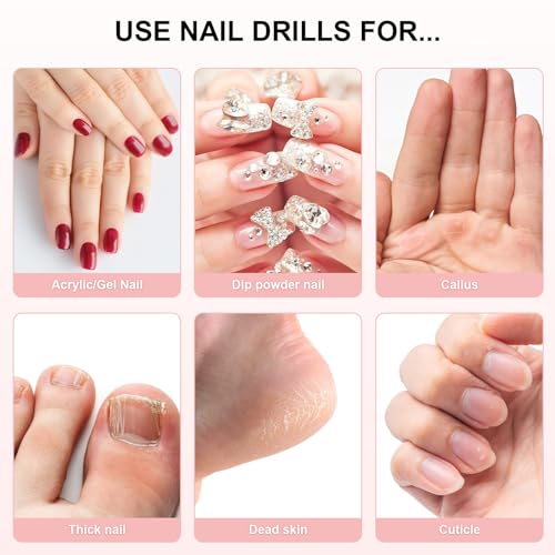 Nail Drill, Cordless Electric Nail Drill Machine for Acrylic Nail, Rechargeable Portable with Max 20000 RPM, 12 in 1 Kit Electric Nail File Efile Present for Beginner and Professional (Pink)