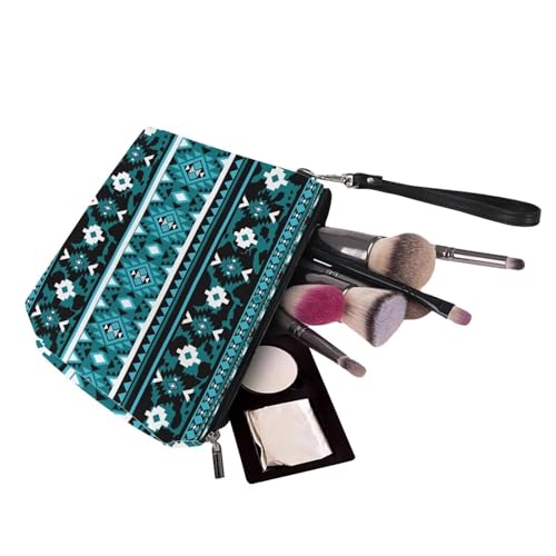 GIFTPUZZ Aztec Blue Cosmetic Makeup Bags Pouch Organizer Case Toiletry Storage Bag for Women Travel Gym Storage Brush Pouch Zippered Waterproof Coin Case