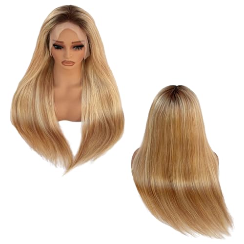 13x6 Medium brown/Golden Brown to Bleach Blonde Highlights Straight Lace front Wigs Human Hair 28in for Black Women HD Lace Glueless Pre Plucked 180% Density Brazilian Virgin Human Hair 28in