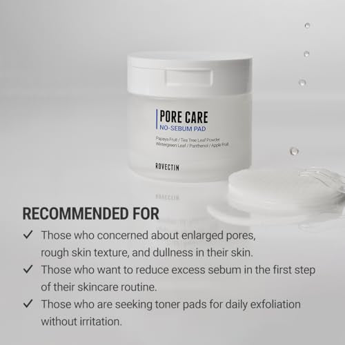 ROVECTIN Pore Care No-Sebum Pad for Sebum Clearing and Pore Clearing with Green Fruit Complex, Gentle Exfoliating Pads - 60 Pads