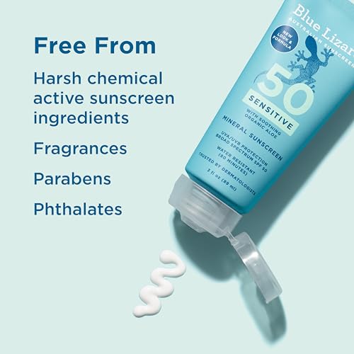 Blue Lizard SENSITIVE Mineral Sunscreen with Zinc Oxide, SPF 50+, Water Resistant, UVA/UVB Protection with Smart Cap Technology - Fragrance Free, 3 oz. Tube