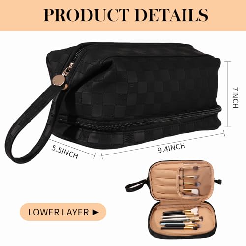 Abiudeng Large Capacity Makeup Bag Ladies Cosmetic Bag Travel Bag with Compartments Portable PU Leather Travel Makeup Bag with Handle