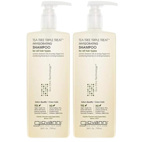 GIOVANNI Tea Tree Triple Treat Invigorating Shampoo - Cooling Peppermint, Eucalyptus & Rosemary, Strengthen & Rejuvenate Hair & Scalp, Salon Quality, Paraben Free, Tea Tree Shampoo - 24 oz (Pack of 2)