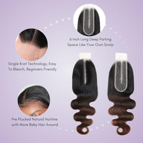 Chestnut Brown Ombre Body Wave 3 Bundles with 2x6 Hd Lace Closure Human Hair 10 12 14+10, 12A Bundles with Kim K Closure Long Deep Parting #T1B/2/30 3 Tone Medium Brown Colored Sew In Extension