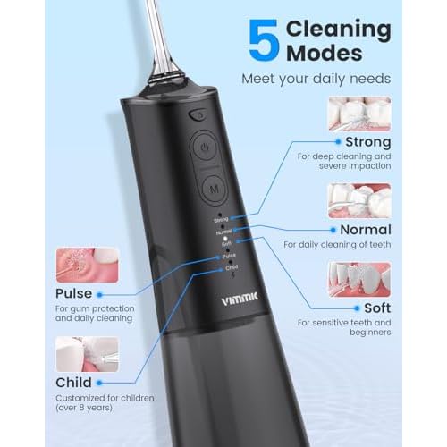 Water Flosser, Cordless Water Dental Flosser, 9 Jet Tips 5 Modes 300ML IPX7 Waterproof, Portable Rechargeable Oral Irrigator for Home Travel - Gums, Orthodontic, Braces Care - Black