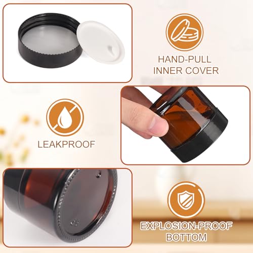 48 Pack 2oz Amber Glass Jars with Lids, Airtight Small Containers with Liners Lid for Cosmetics, Crams, Lotions Powder, Onitments Candle Making, DIY | Leak-Proof, Reusable