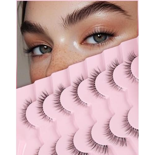 Eyelashes Natural Lashes Cat Eye 12MM Fake Eyelashes Wispy C Curl Lash Strips False Lashes Pack with 0.1MM Clear Band 3D Volume False Eyelash ChirpyLuna 7 Pair