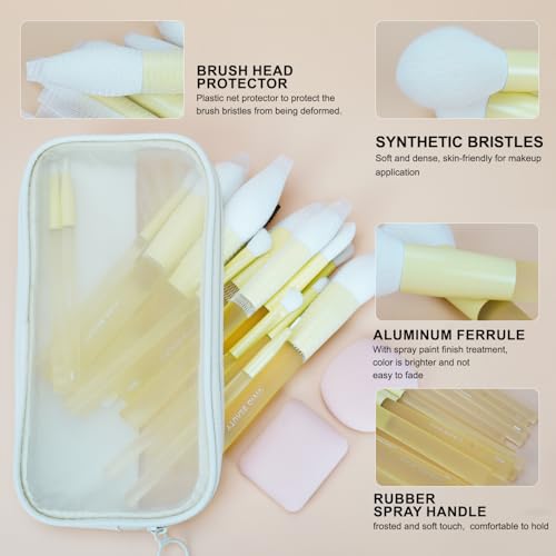 Yellow Make Up Brush Set ? 18PCS Makeup Brushes for Powder, Foundation, Eyeshadow ? With Rubber Coated Handles, Painted Aluminum Ferrules, Travel Bag & 2 Makeup Sponges? For Women & Beginners