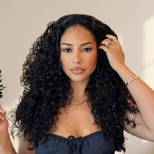 SENSAIRUITE Deep Wave Half Wig Human Hair Curly Half Wigs for Women - Upgrade Drawstring 3 in 1 Seamless Flip Over Glueless Wig 20-inch Natural Black