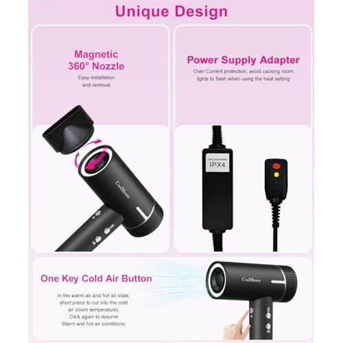 High-Speed Ionic Hair Dryer: 160000 RPM Brushless Motor Fast Drying Low Noise Thermo-Control Hairdryer,500 Millions Negative Ionic Care Blow Dryer Travel with Magnetic Diffuser & Nozzle